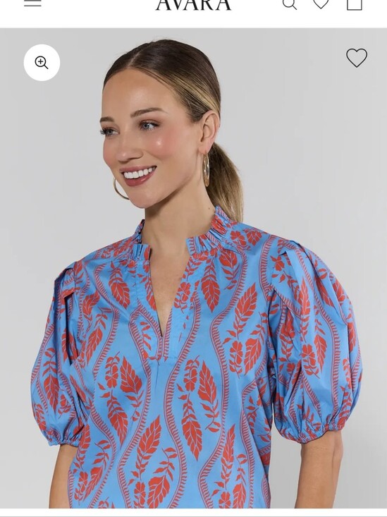 Avara Tops - Avara Blue Botanical Print Ruffle-Neck Puff Sleeve Blouse